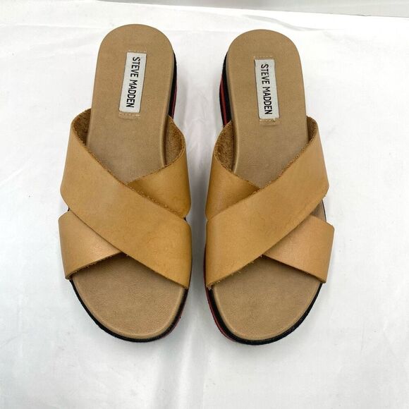 Steve Madden Asher Platform Sandals 8 Tan Brown Red Slide On Strappy Y2K Style - Picture 4 of 11